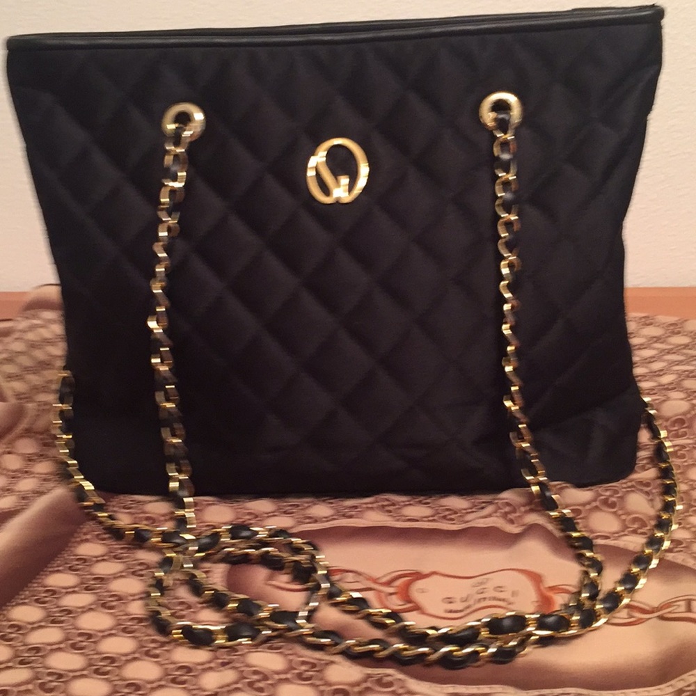 St John Black Luxe Quilted Satin Bag